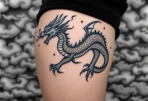 fierce dragon breathing iridescent fire against stormy skies tattoo idea