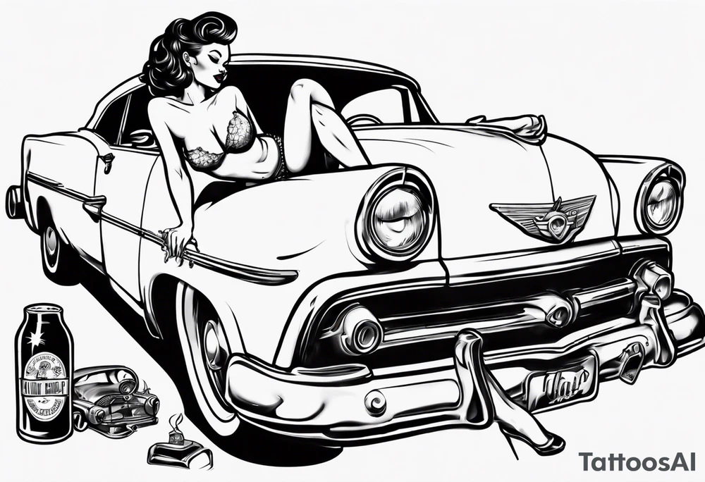 pinup doll laying on the hood of a classic vintage car drinking a beer tattoo idea