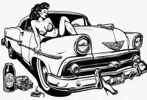 pinup doll laying on the hood of a classic vintage car drinking a beer tattoo idea