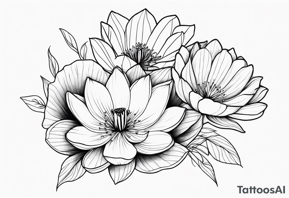 waterlily flower and morning glory flower line boquet tattoo idea