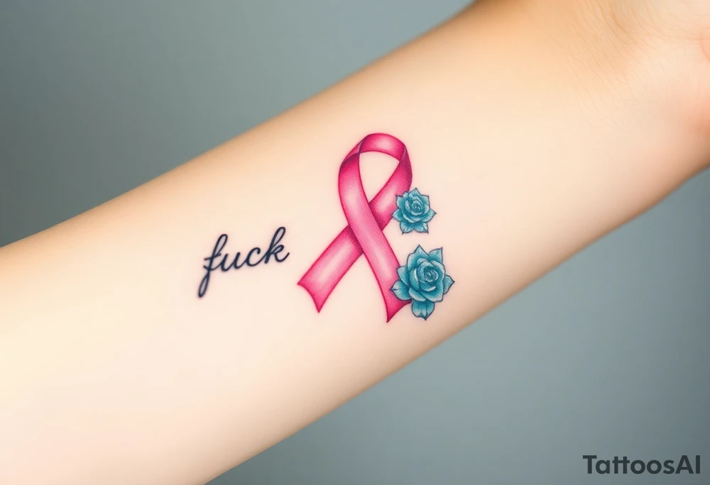 Pretty pink Cancer ribbon that says "fuck cancer"with 3 light turquoise
roses tattoo idea