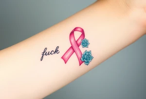Pretty pink Cancer ribbon that says "fuck cancer"with 3 light turquoise
roses tattoo idea