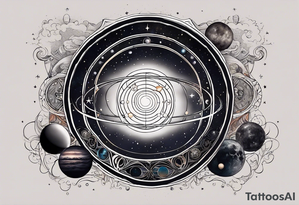 A tattoo featuring a cosmic scene with planets, black holes, and supernovae intertwined with intricate linguistic symbols, reflecting the client's interests in cosmology and linguistics. tattoo idea