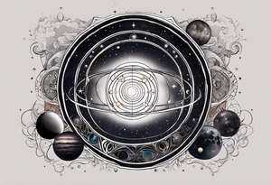 A tattoo featuring a cosmic scene with planets, black holes, and supernovae intertwined with intricate linguistic symbols, reflecting the client's interests in cosmology and linguistics. tattoo idea