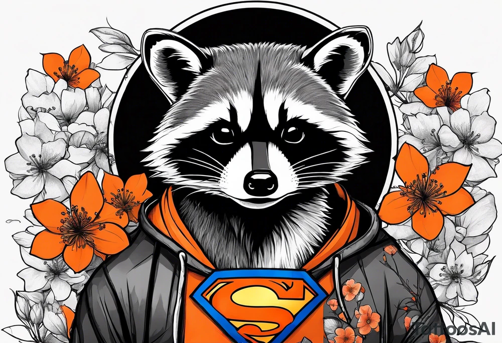 raccoon wearing a black and white Superman hoodie and orange Japanese cherry blossoms tattoo idea