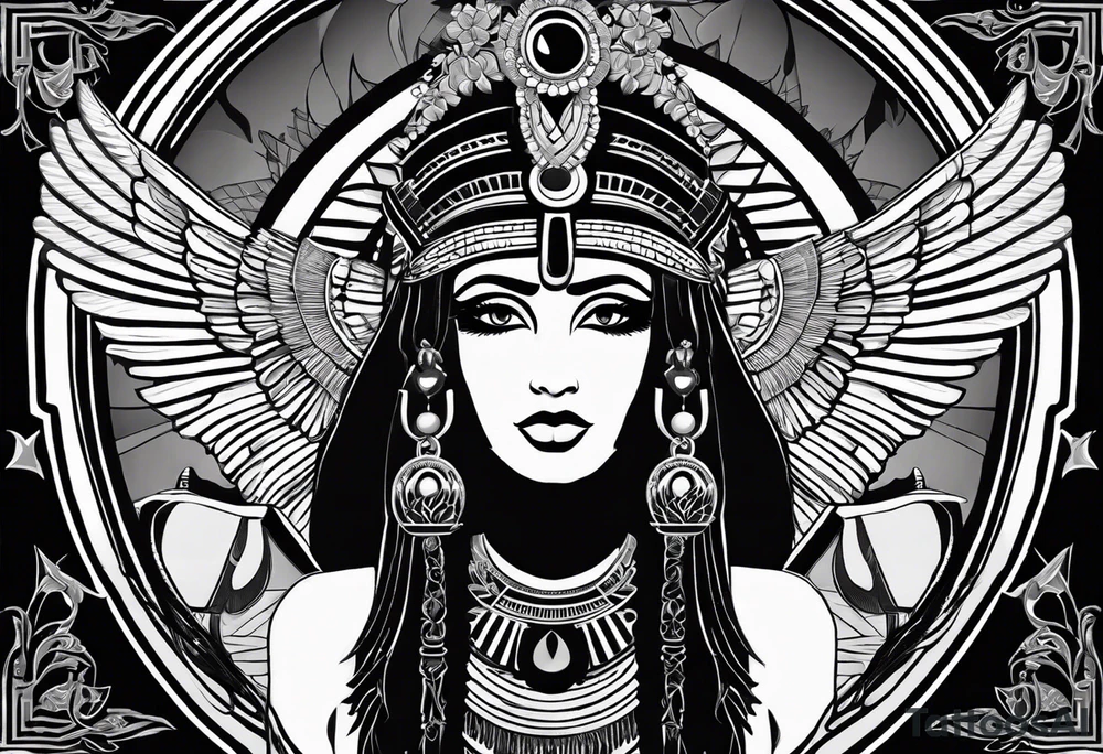 black and white Egyptian goddess Isis, who is often depicted as a woman with outstretched wings, holding an ankh (a symbol of life) in one hand and a lotus flower in the other. Her headdress often includes a throne or a solar disk. The tattoo design can vary in style and size, but it typically aims to capture the essence of this revered Egyptian deity, emphasizing her beauty, power, and maternal qualities. The choice of colors and additional elements can also be customized to create a unique and visually striking representation of the goddess Isis tattoo idea