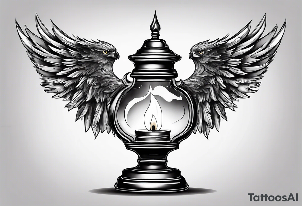 Extinguished oil lamp with smoke and eagle wings tattoo idea
