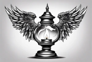 Extinguished oil lamp with smoke and eagle wings tattoo idea