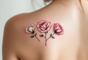 Three blossom roses in different stages of bloom—white (beginning), pink (growth), and deep red (passion)—sorted one under another tattoo idea