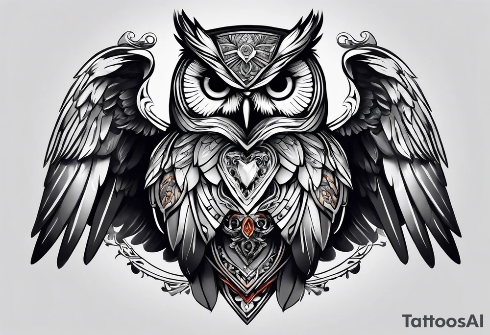 owl with skull in chest and wings tattoo idea