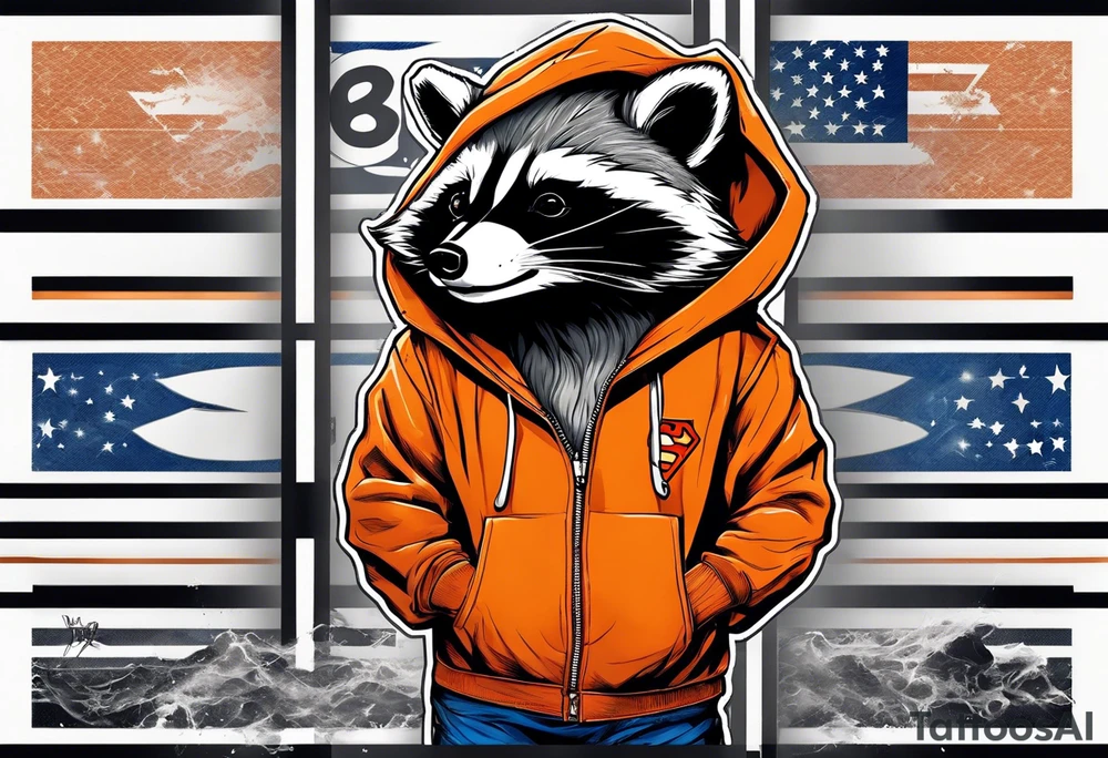 Raccoon wearing an orange Superman hoodie tattoo idea
