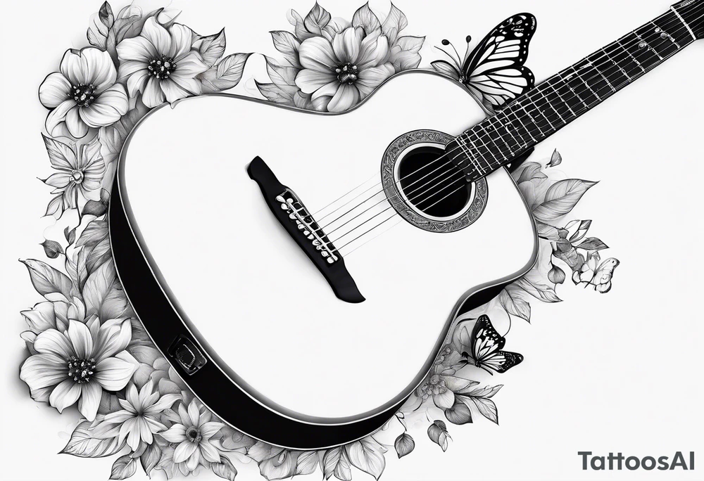 Single electric acoustic Guitar in shape with flowers growing off the side, butterflies tattoo idea