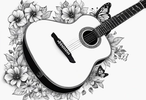 Single electric acoustic Guitar in shape with flowers growing off the side, butterflies tattoo idea