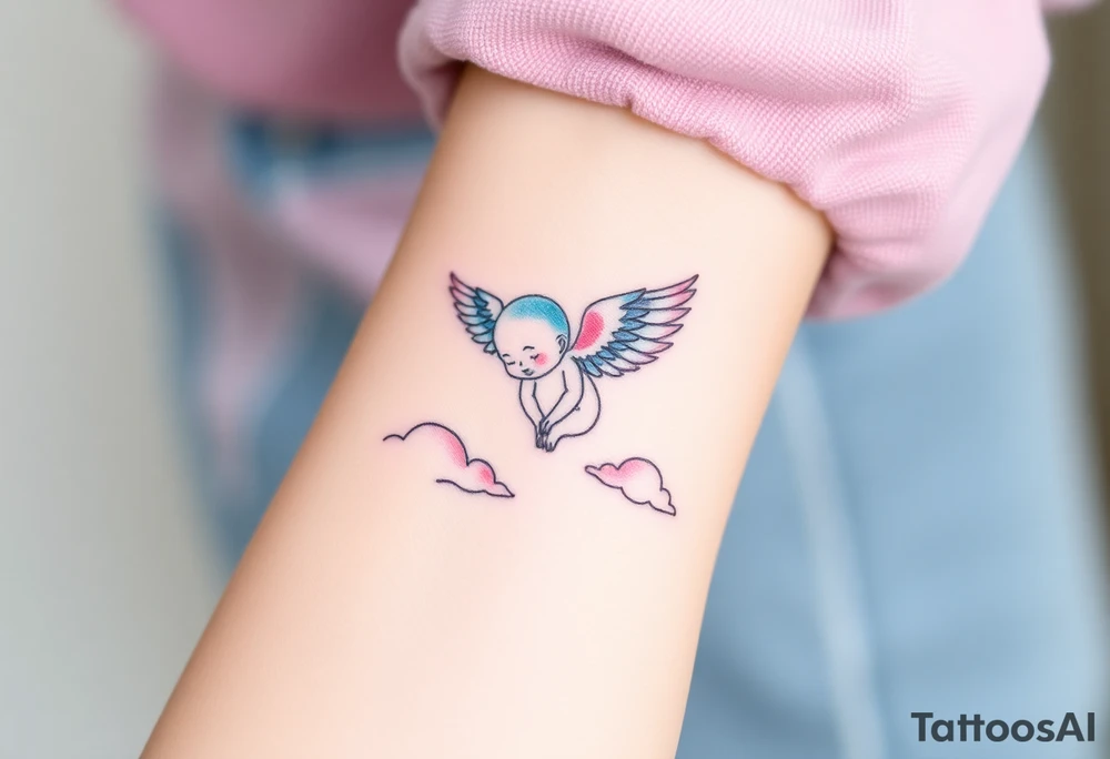 Winged baby, blue and pink watercolor, clouds tattoo idea