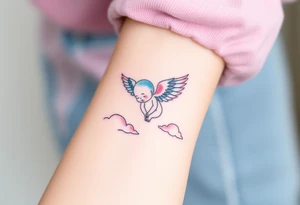 Winged baby, blue and pink watercolor, clouds tattoo idea