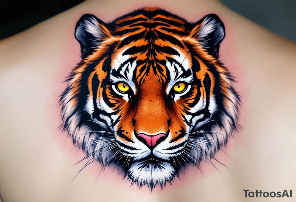 A tiger with piercing yellow eyes, fur detailed in deep orange, white, and jet black stripes include shadows as well tattoo idea