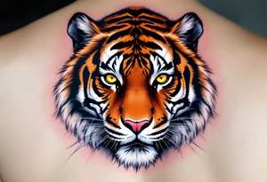 A tiger with piercing yellow eyes, fur detailed in deep orange, white, and jet black stripes include shadows as well tattoo idea