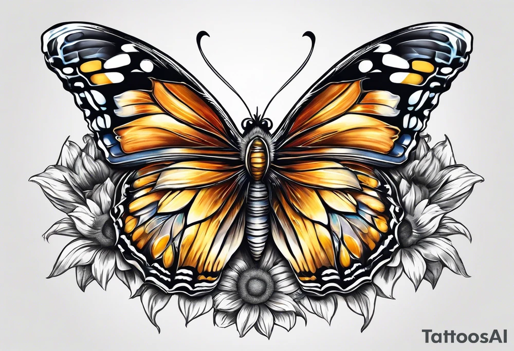Butterfly sitting on a sunflower in owls body tattoo idea