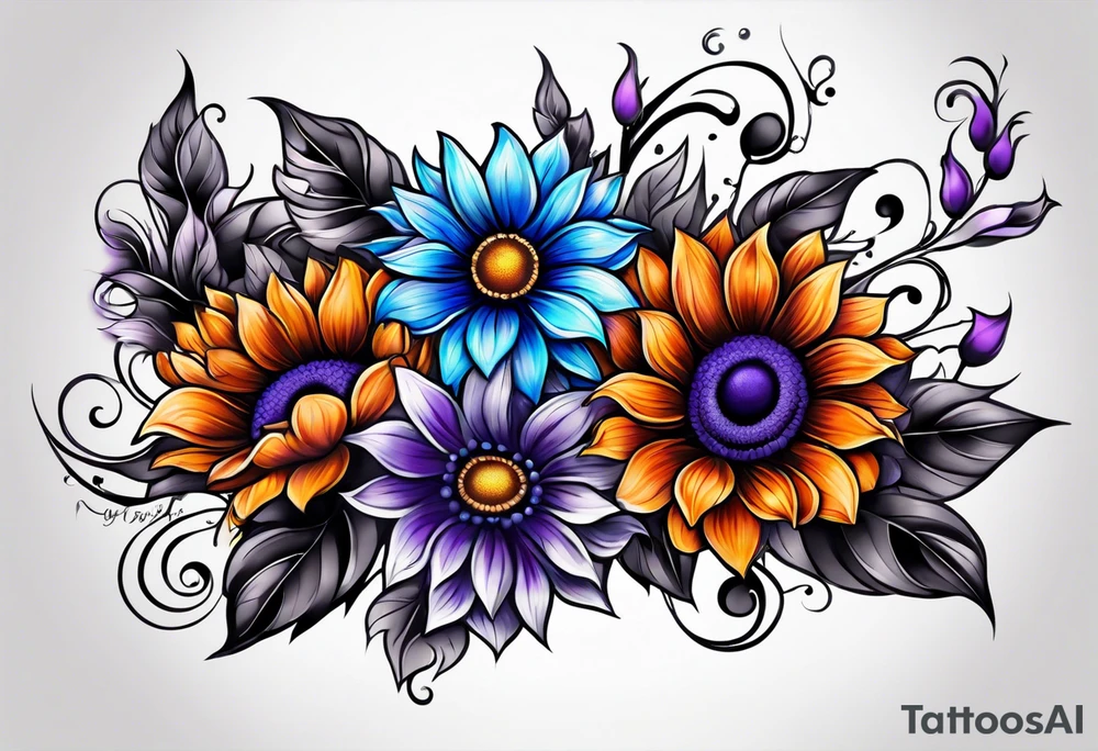 Full leg sleeve with purple, orange and blue sunflowers tattoo idea