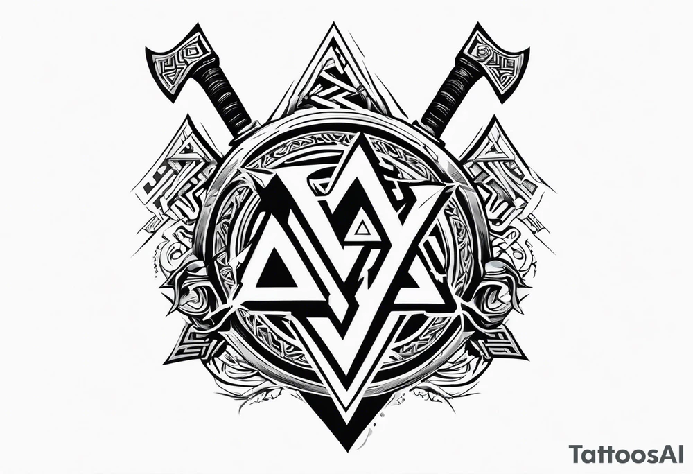 Valhalla  sword shield axe Valknut fog tattoo idea