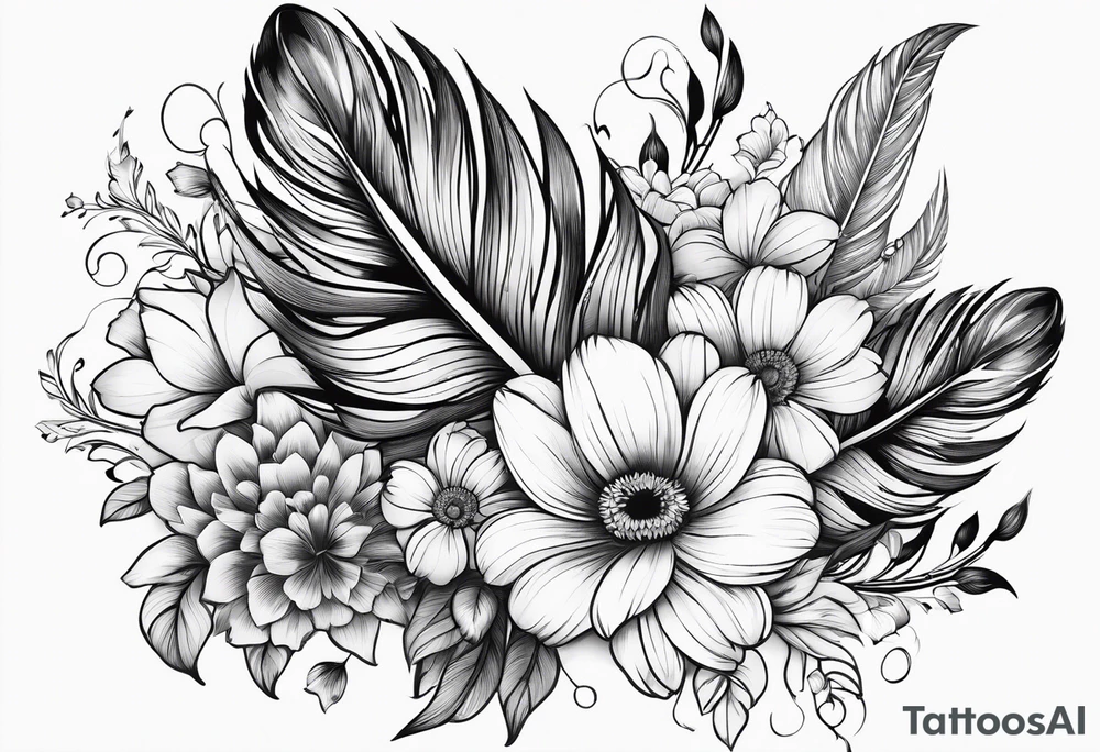 Dainty feather lined upwards with flowers tattoo idea