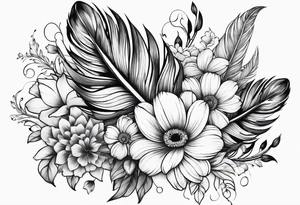 Dainty feather lined upwards with flowers tattoo idea