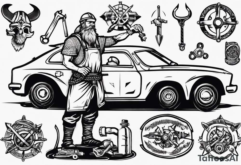 Viking mechanic fixing a car tattoo idea