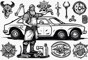 Viking mechanic fixing a car tattoo idea