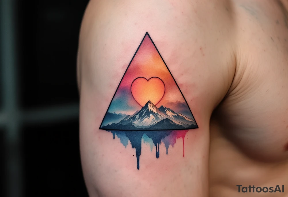 A triangle with a big heart in the cente with a mountain theme tattoo idea