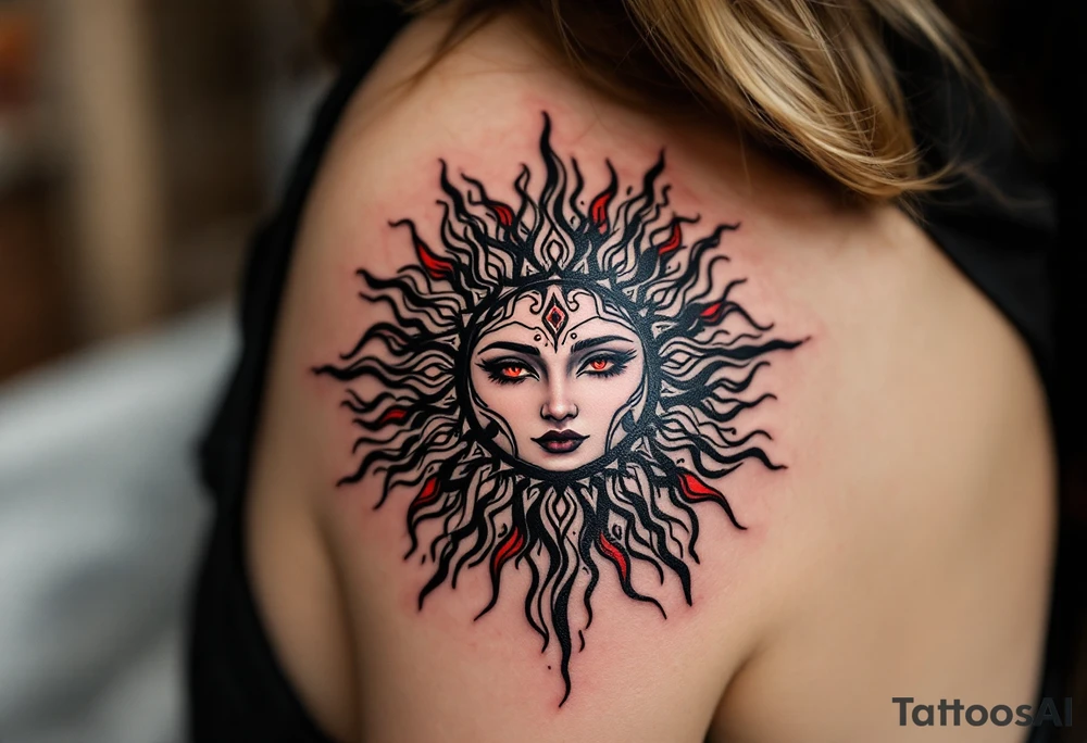 A bold black Celtic sun tattoo with red accents radiates tribal power across the upper shoulder. tattoo idea