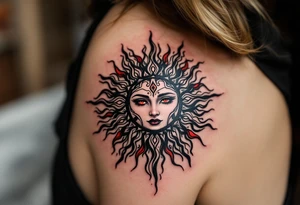 A bold black Celtic sun tattoo with red accents radiates tribal power across the upper shoulder. tattoo idea