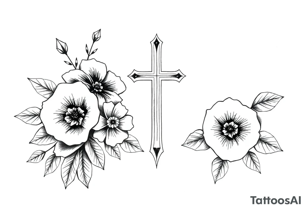 Black and white floral tattoo hip tattoo with a cross tattoo idea