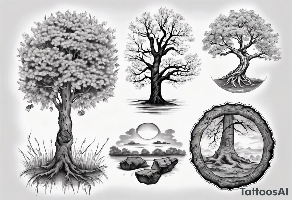 Small spring beside a oka tree plus sun in the tree trunk tattoo idea
