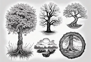 Small spring beside a oka tree plus sun in the tree trunk tattoo idea