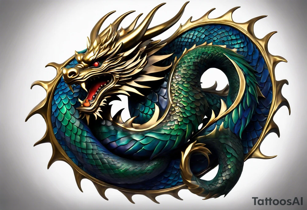 3D Tattoo: An epic with no wings, floating. Its long body coiling dynamically, with scales and horns detailed to create a sense of movement and strength. The dragon's main color is midnight blue but features little accents in dark green and gold, giving a vibrant depth and a mystical aura. This tattoo highlights the dragon’s fierce expression and sharp claws as it wraps protectively around the leg. Style: 3D tattoo idea