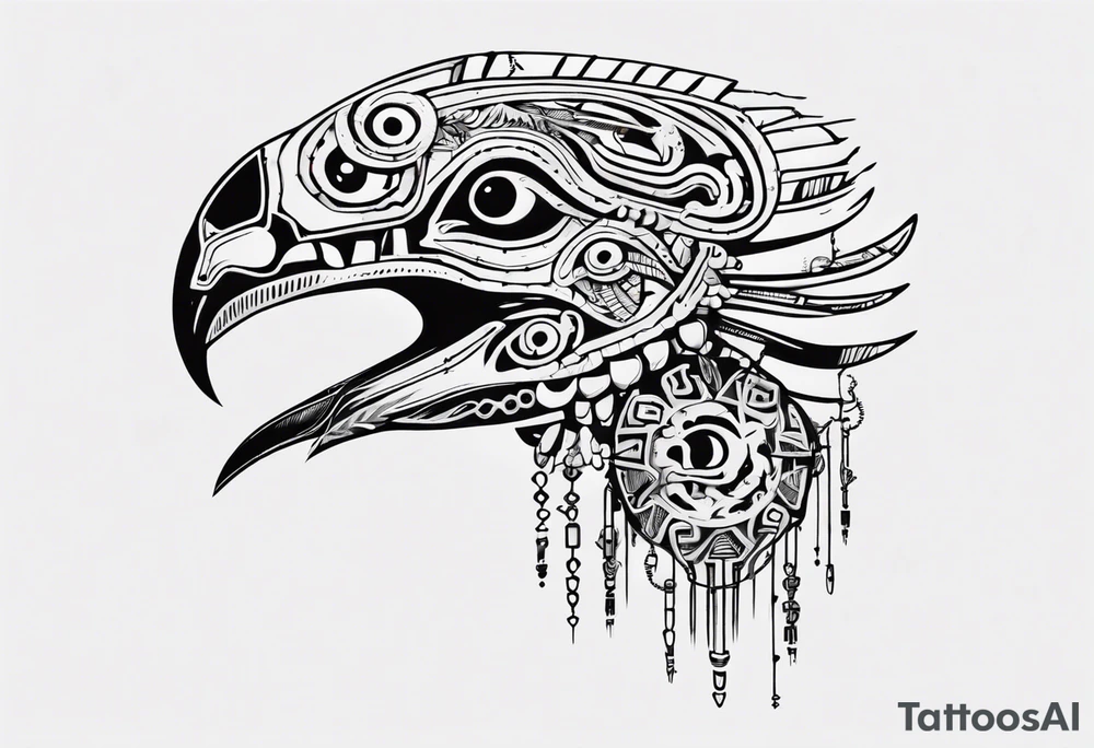 Cyberpunk Mayan/Aztec Quetzal bird/dinosaur with Neurons. tattoo idea