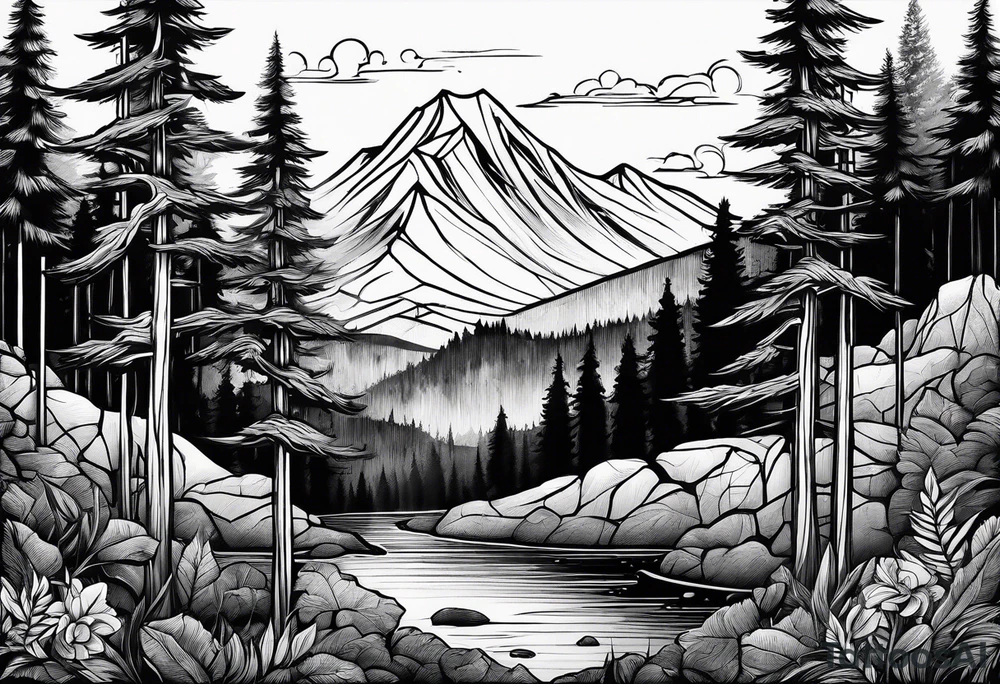 A mountain landscape overlooking a forest tattoo idea