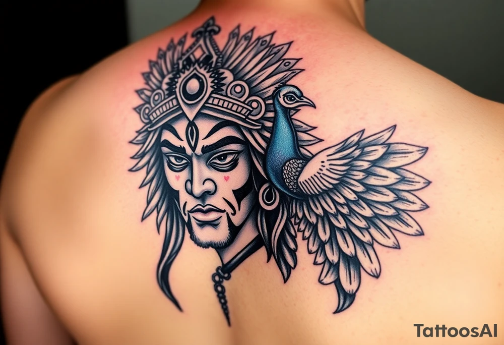 lord murugan colorful face tattoo with peacock
on back tattoo idea