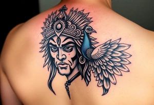 lord murugan colorful face tattoo with peacock
on back tattoo idea