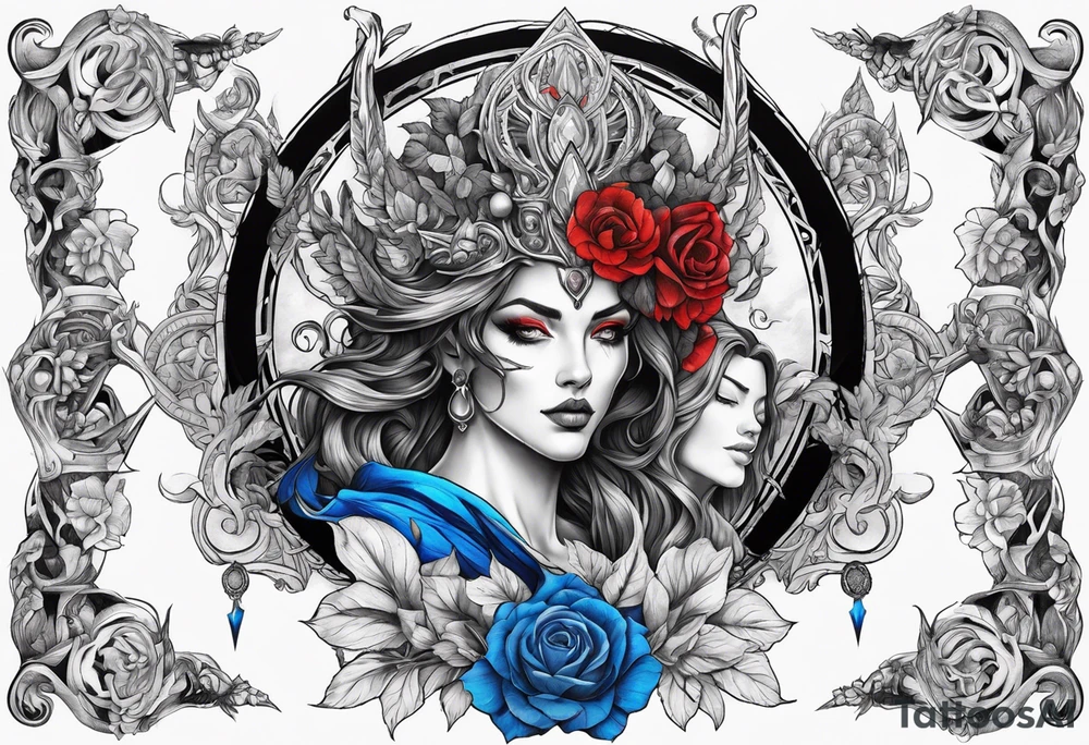 Hades with blue and red
shadowns and persephone symbols tattoo idea