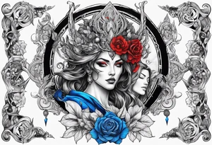 Hades with blue and red
shadowns and persephone symbols tattoo idea