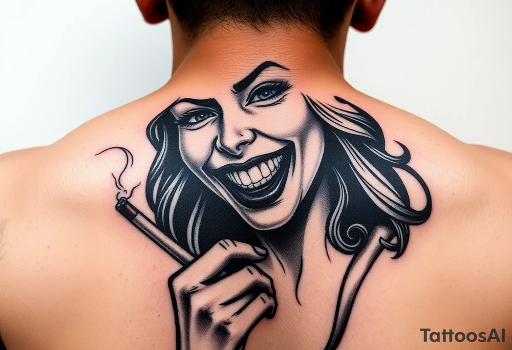 Evil smiling woman holding a cigarette tattoo idea