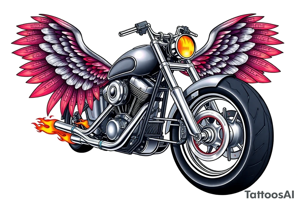 Low rider grey motorcycle, big muffler pipes with flames, angel wings tattoo idea