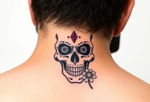 Masculine sugar skull with diamond gemstone eyes and daisy tattoo idea