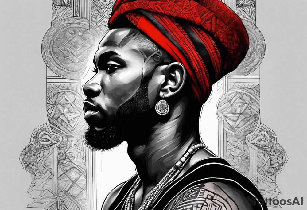 homem divindade africano realista em preto e cinza com os olhos brancos e fundo com tons de vermelho tattoo idea