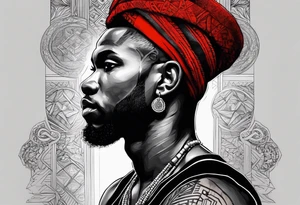 homem divindade africano realista em preto e cinza com os olhos brancos e fundo com tons de vermelho tattoo idea
