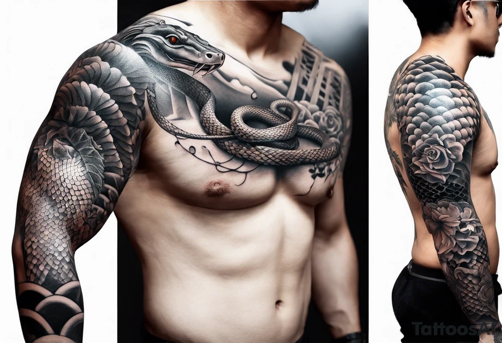sleeve tattoo with a snake and Japanese designs tattoo idea