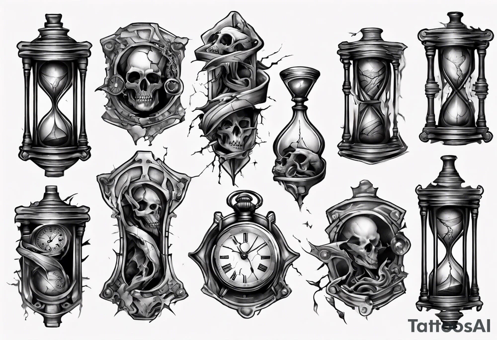 dark fantasy long tattoo
broken hourglass and old watch tattoo idea
