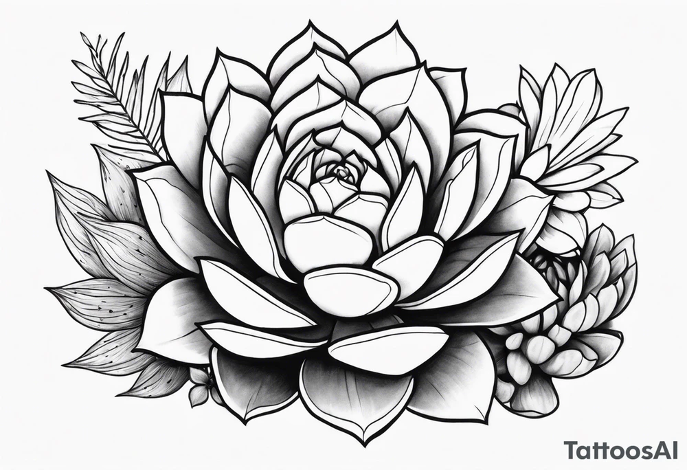 fine line. one big succulent in the middle. Two smaller succulents on the side. Dots and floral
. Sternum tattoo grey scale shading tattoo idea