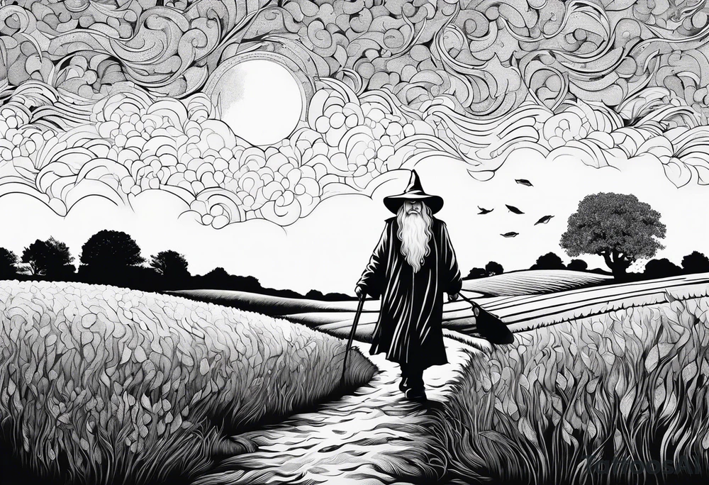 gandalf walking into a field made out of fish tattoo idea